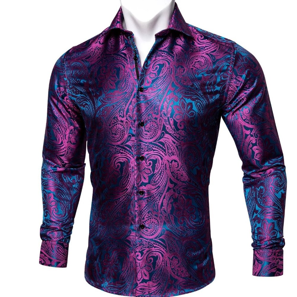 NWT Barry.Wang Silk Blend Blue Pink Paisley Long Sleeve‎ Button Down Size M - Picture 2 of 7